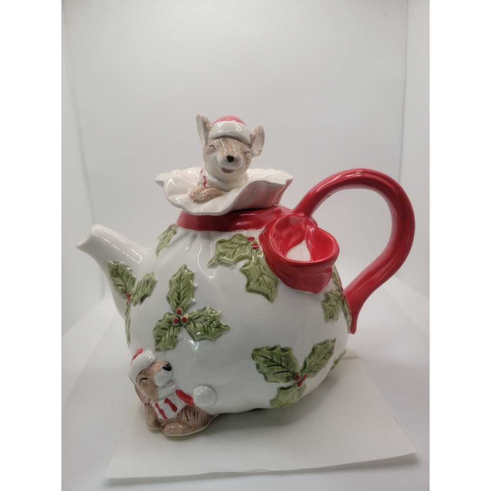 Vtg Omnibus Christmas Mice Holly Berry Ceramic Teapot Holiday Decor